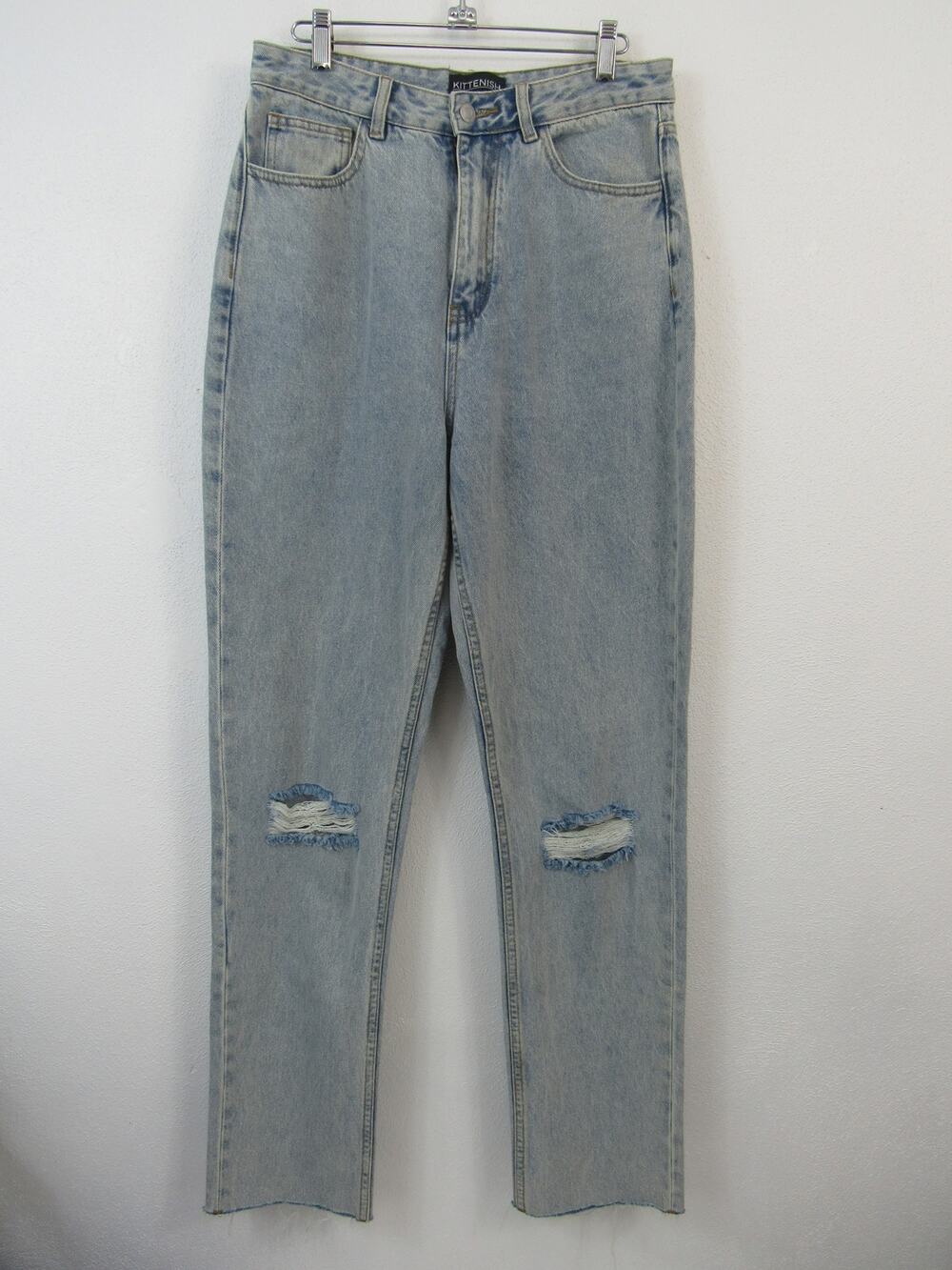Kittenish 29 High Waisted Tapered Leg Distressed Mom Jeans Light Blue Denim